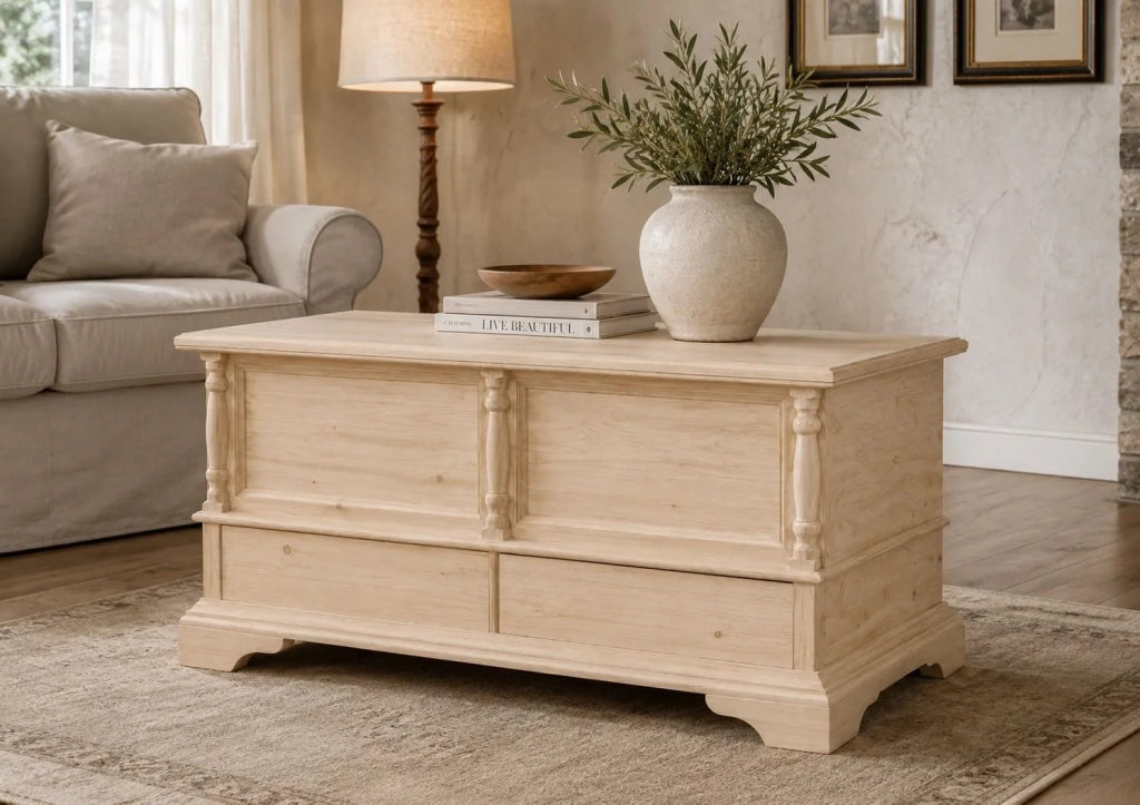 Cassapanca legno 2 cassetti con colonne grezzo 120x46x51 (5006) - Mobili 2G