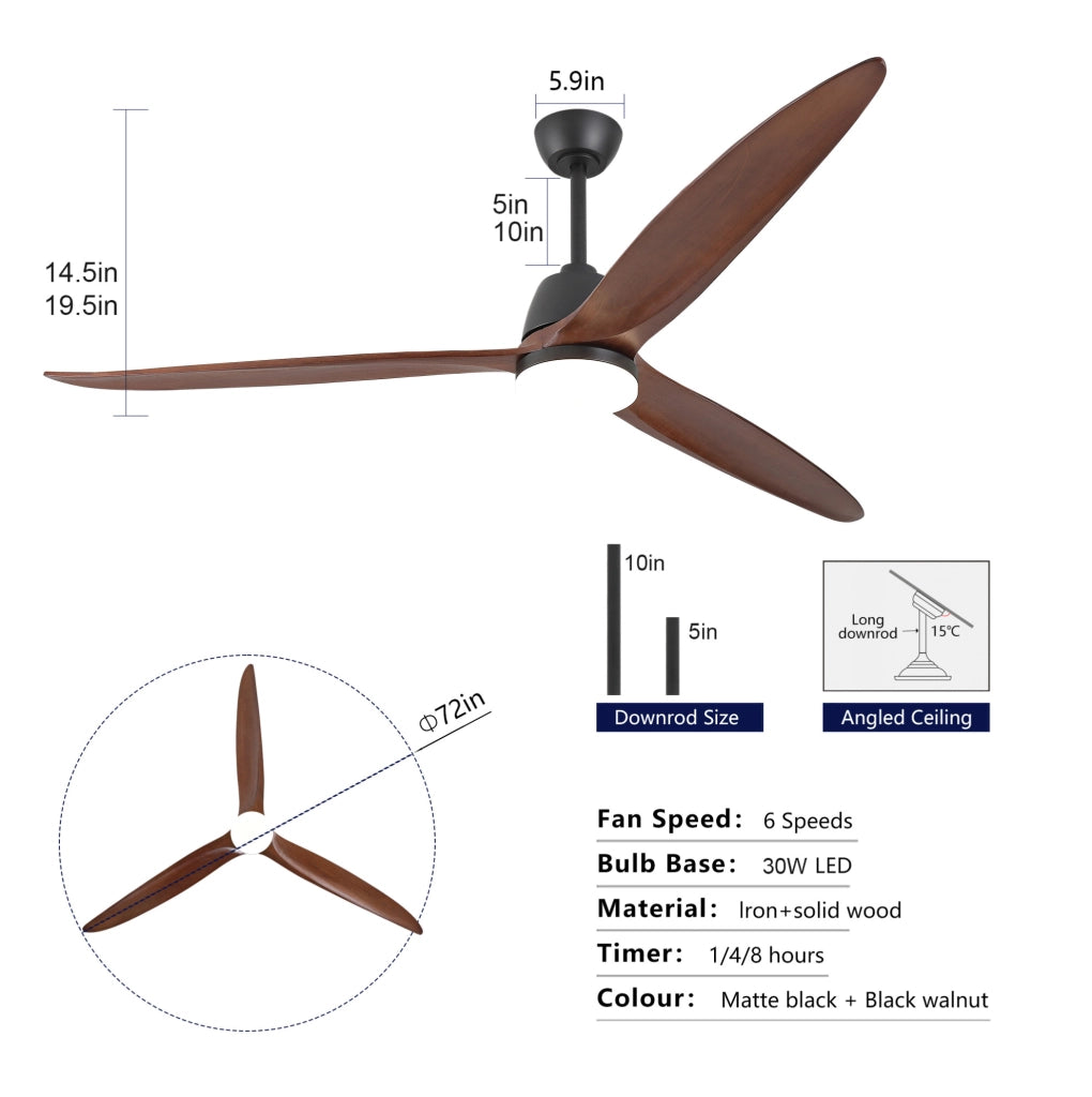Ventilatore da soffitto moderno da 72 pollici con 3 pale in legno d'acero; luce LED dimmerabile; nero e noce scuro