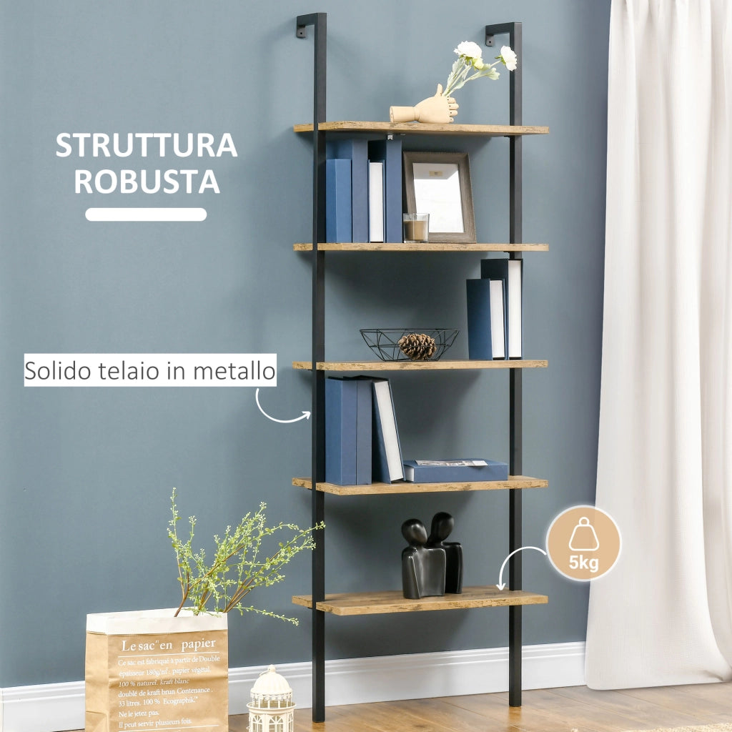 EasyComfort Libreria Moderna a Scala con 5 Ripiani e Dispositivo Antiribaltamento, Design a Muro, in Legno e Metallo, 60x30x184.5 cm, Marrone