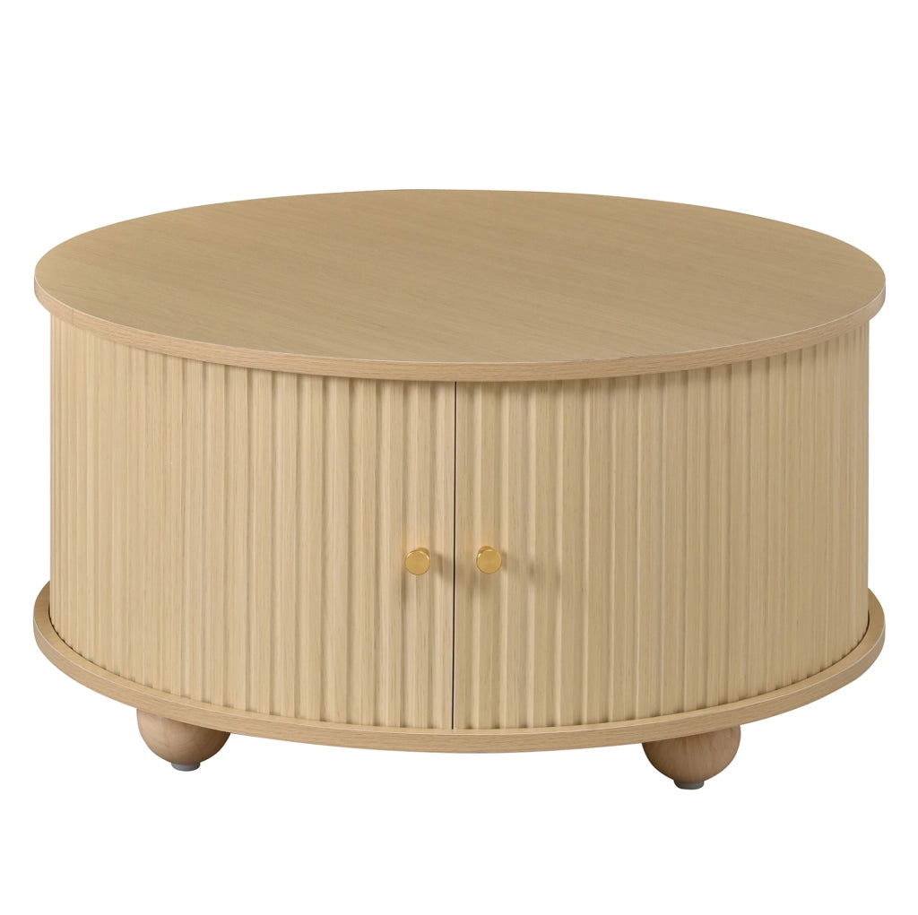 Tavolino da salotto rotondo 72x72x38 cm con due ante scorrevoli in MDF naturale