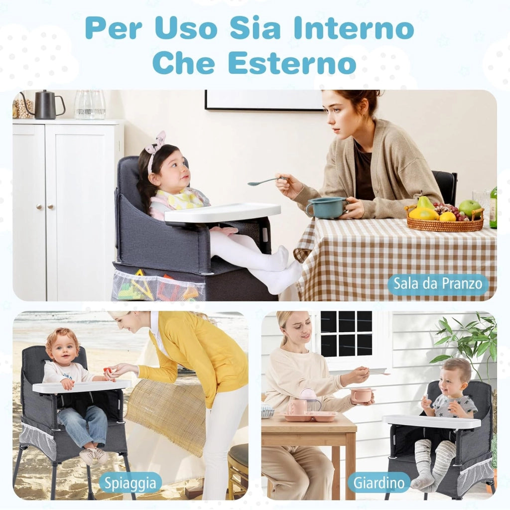 Seggiolone Pieghevole per Bambini, Seggiolone Salvaspazio con Vassoio Regolabile a 2 Livelli, Cintura di Sicurezza, Aperture Regolabili per Gambe, Tasche, per Bambini 6-36 Mesi