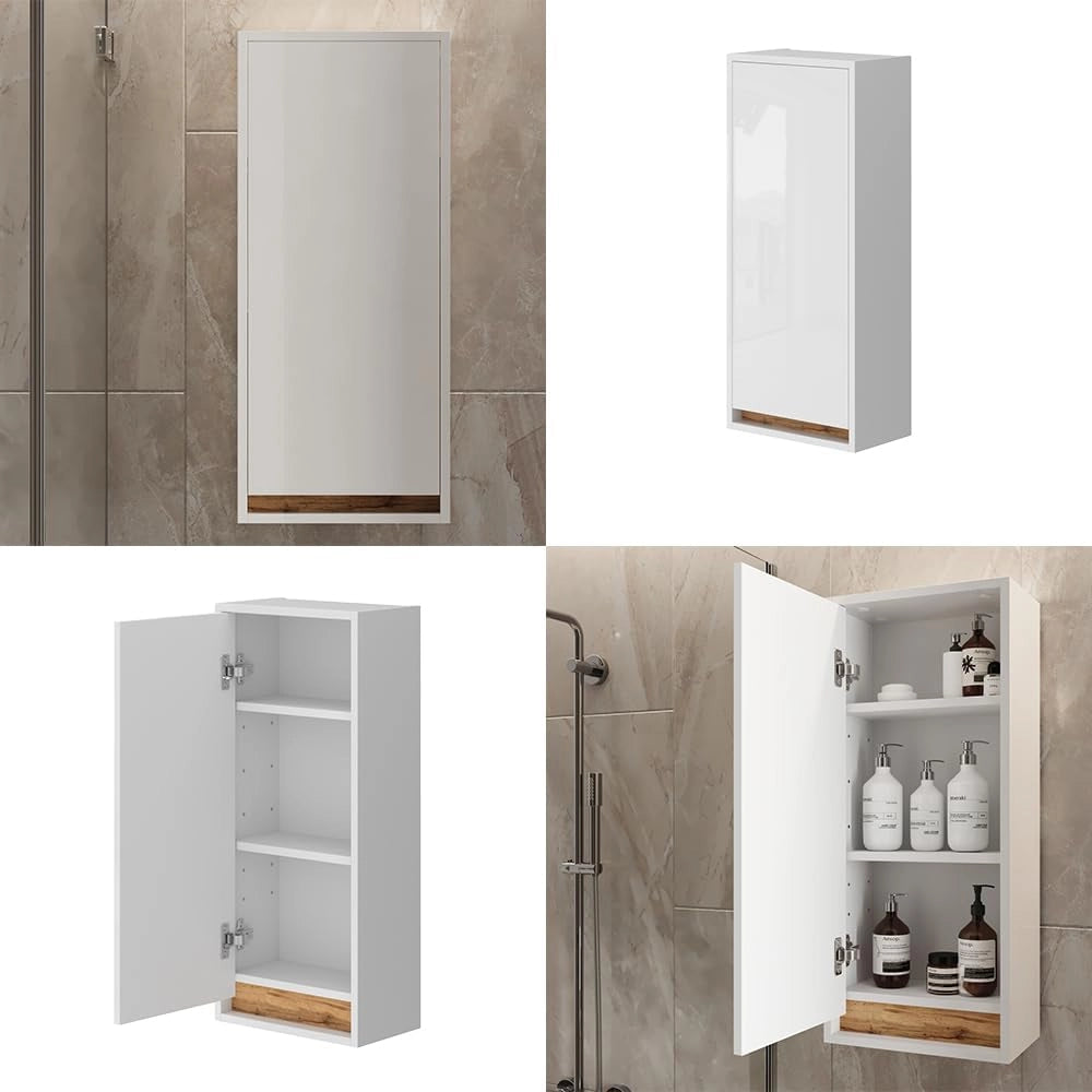 Mobile bagno Detmold, Bianco lucido/oro power oak, 81.6 x 35 cm con porta, adatto per montaggio a parete e combinabile con la serie Detmold