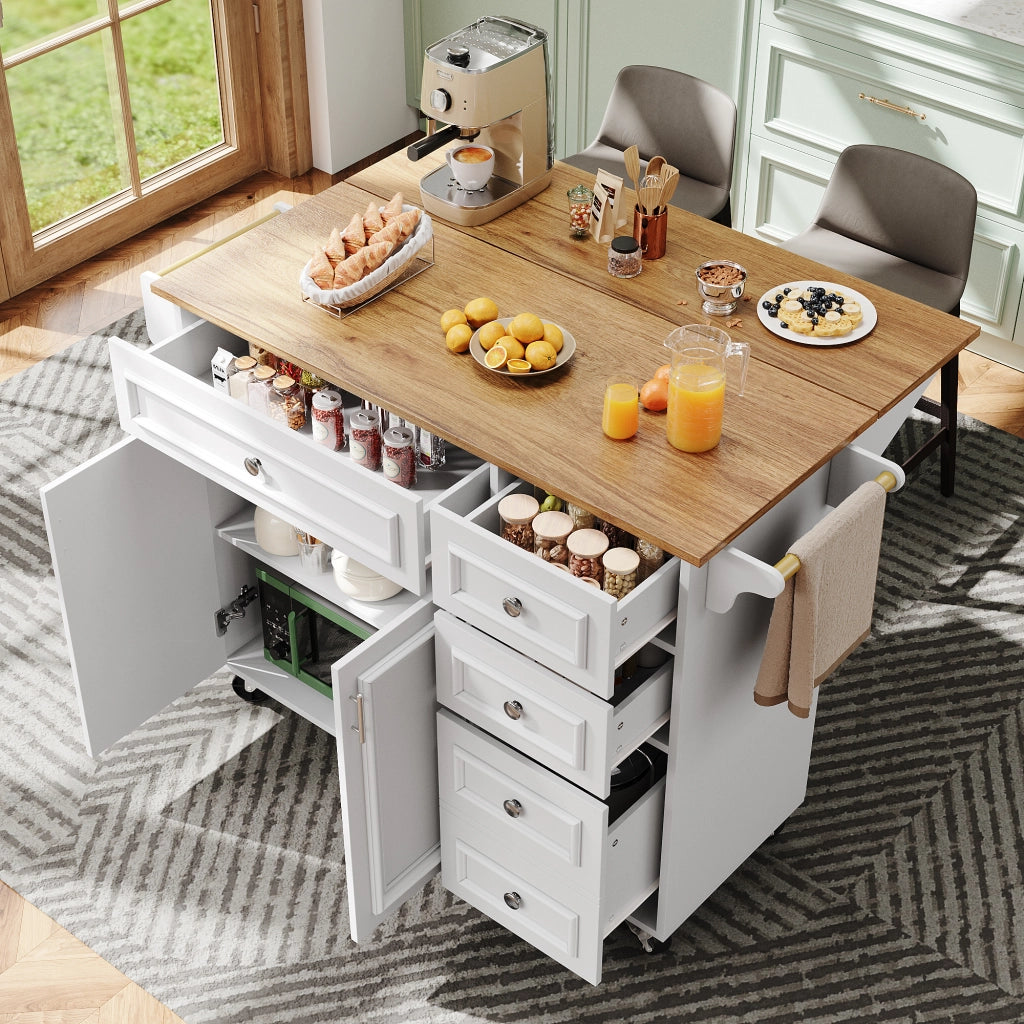OKWISH Carrello da Cucina con Piano Ribaltabile, Cassetti e Ripiani Regolabili, per Cucina e Sala da Pranzo, Bianco
