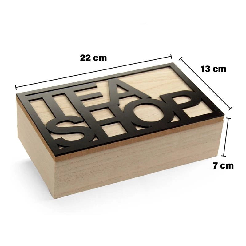 CONTENITORE PORTA TISANE, TÈ -  SCATOLA IN LEGNO STILE ELEGANTE, LEGNO NATURALE, "TEA SHOP" 22 X 13 X 7H CM