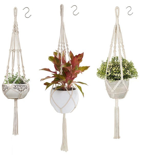 Set di 3 pendenti a macramé, pendente di seta, vaso per piante con 3 ganci metallici per interni, esterni, soggiorno, giardino, balcone, finestra, decorazione di balcone e parete