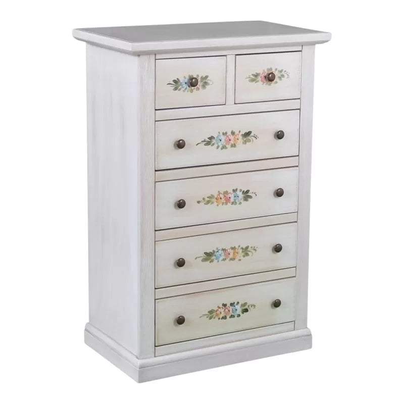 Cassettiera 6 cassetti in legno shabby bianco anticato decorato 62x37x93 - Mobili 2G