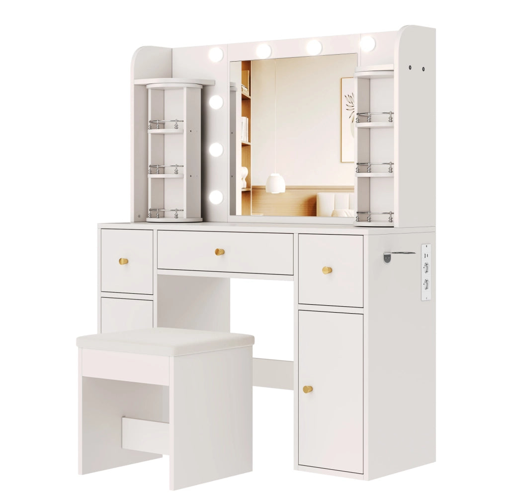Toeletta con specchio LED dimmerabile; organizer girevole; USB-C e 3 cassetti; bianca