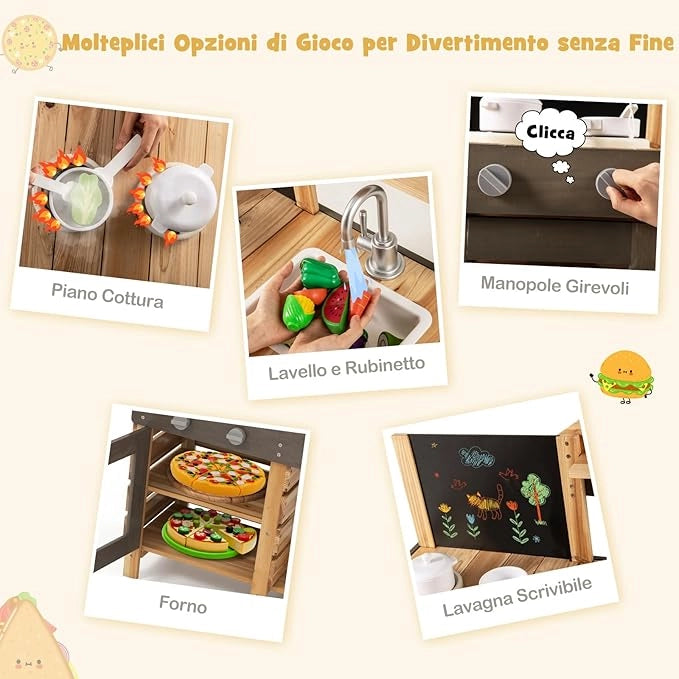 Cucina Giocattolo per Bambini, Cucina Legno per Bambini con Lavagna, Fornelli, Lavandino, Rubinetto, Forno, Accessori Generosi, Mensole di Stoccaggio, per 3+ Anni