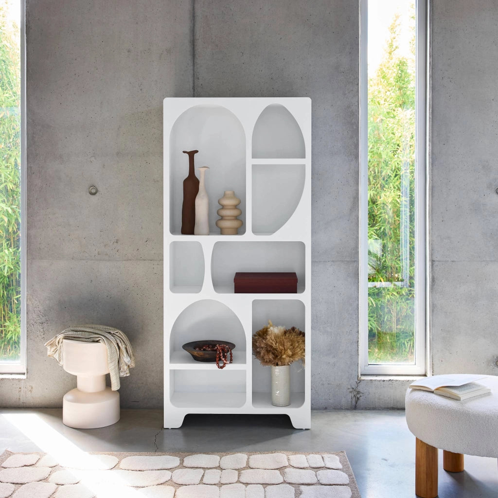 Libreria organica bianca effetto legno con 8 vani, bianco