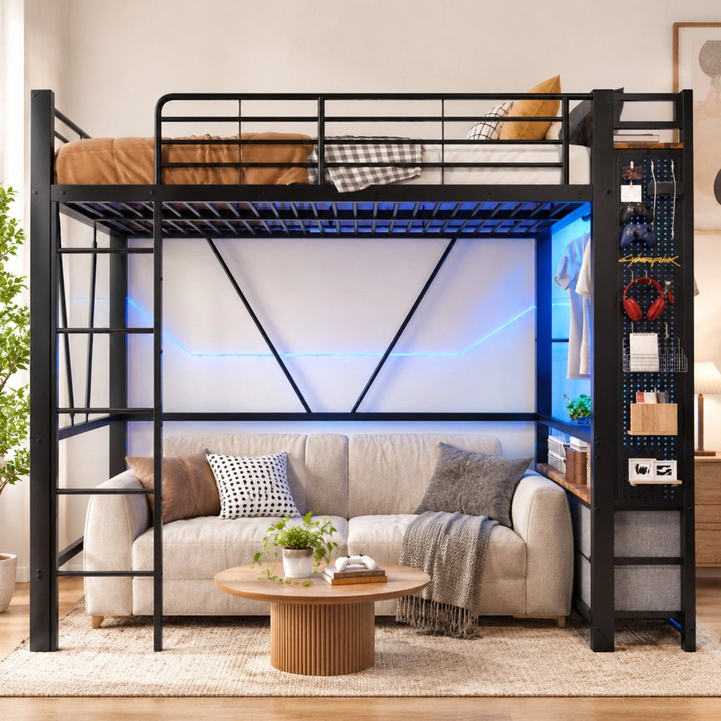 Letto a soppalco ULEVR 90x200 cm in metallo e MDF con 4 cassetti, LED multicolore, ripiani e USB-C
