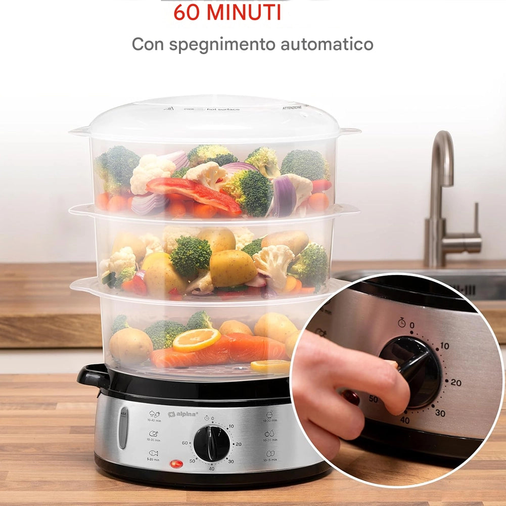 Vaporiera Elettrica Pentola a Vapore 800W a 3 Strati Capacità 9L con Timer