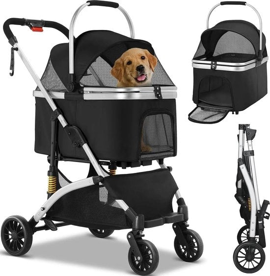 Carriolo Buggy 4 Ruote - Portatile - Adatto per cani/gatti - Rimovibile - Struttura in Alluminio - 98x66x56 cm - Nero - Capacità 40kg