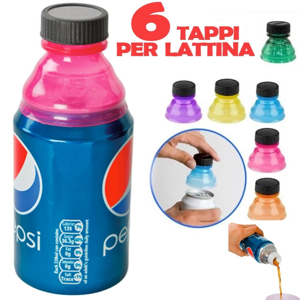 Trade Shop - Set 6 Pezzi Tappi Per Lattine Addattatore Lattina In Bottiglia Universale Colori -