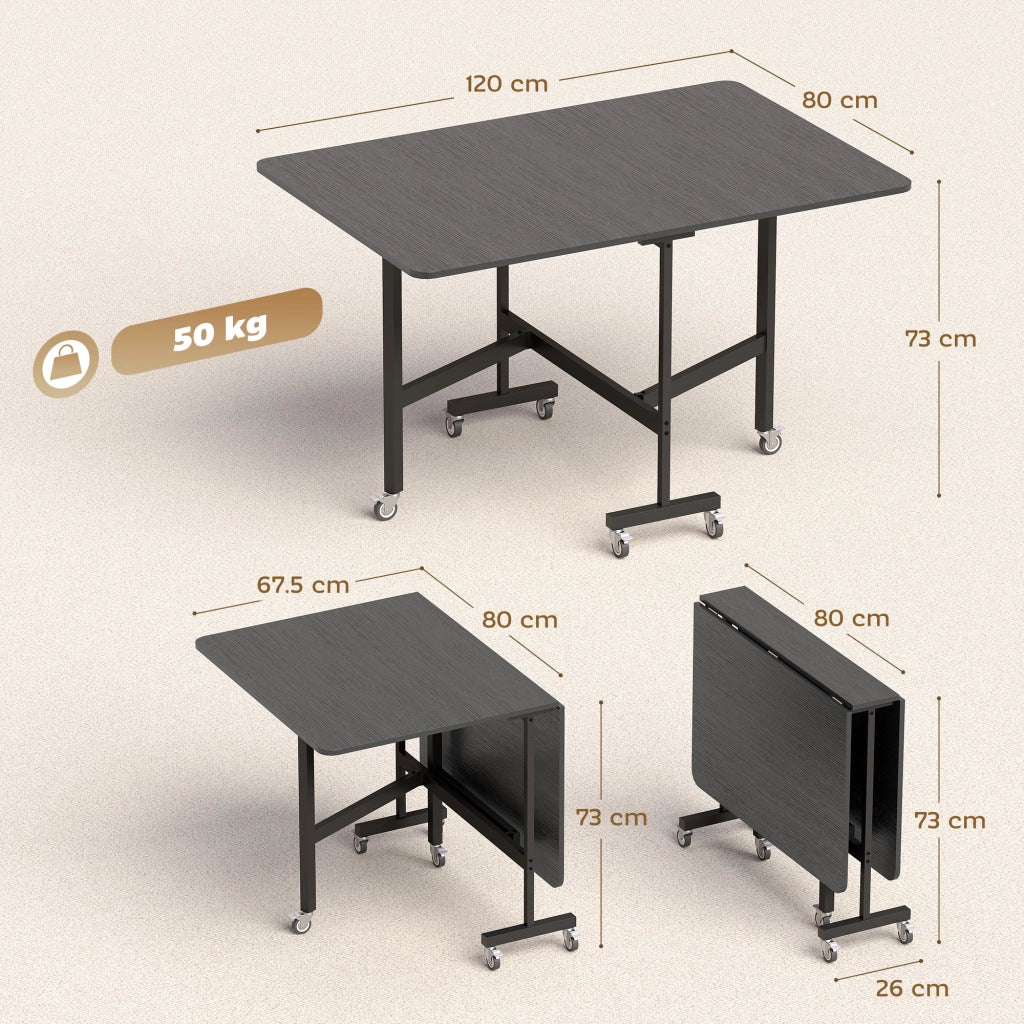 Tavolo Pieghevole per 4-6 Persone con Ribalte e Ruote ¨C zephmum ¨C 120x80x73 cm Nero Effetto Legno