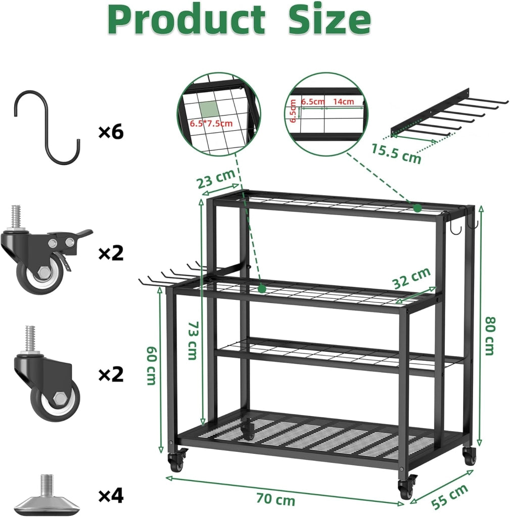 Portautensili da giardino resistente, 3 ripiani, con ruote universali bloccabili, porta attrezzi da giardino, porta attrezzi da per garage