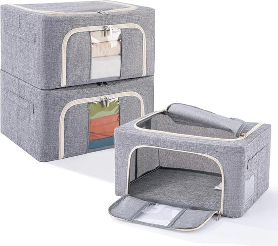 Tre cassetti con struttura in metallo, 72 litri, cassetti pieghevoli per coperte, abiti, abitacoli pieghevoli per abiti, scatola, spazio di archiviazione, organizzatore di abbigliamento, grigio, 24 litri