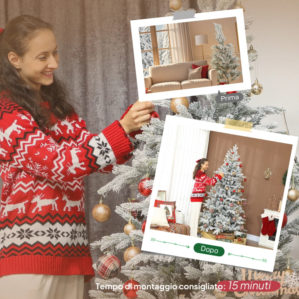Albero di Natale Innevato Alto 210 cm con Rami Realistici e Base in Metallo Pieghevole