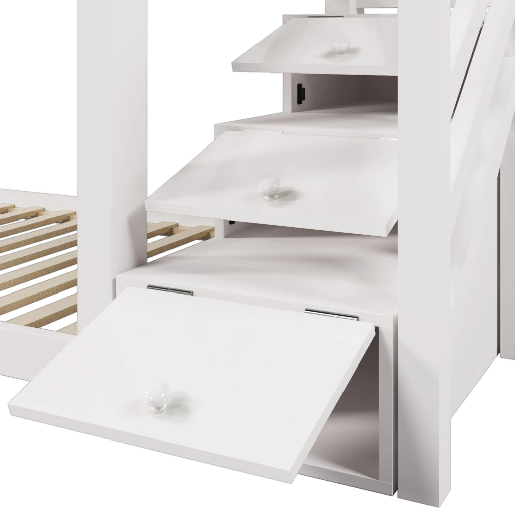 Letto a castello per bambini 90x200 cm in legno massello di pino e MDF; bianco; con lavagna e scala contenitore