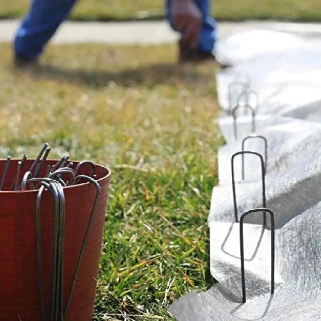 Picchetti telo Pacciamatura in Acciaio Zincato, 300 pz Picchetti a U ø3 mm 17x3x17 cm, Picchetti Giardino, Chiodi per Telo, Prato Sintetico