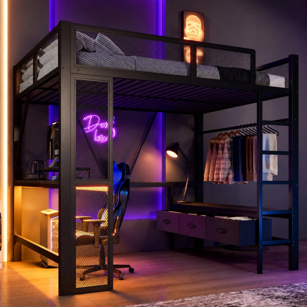 Letto a soppalco 140x200 cm con USB, LED e scrivania