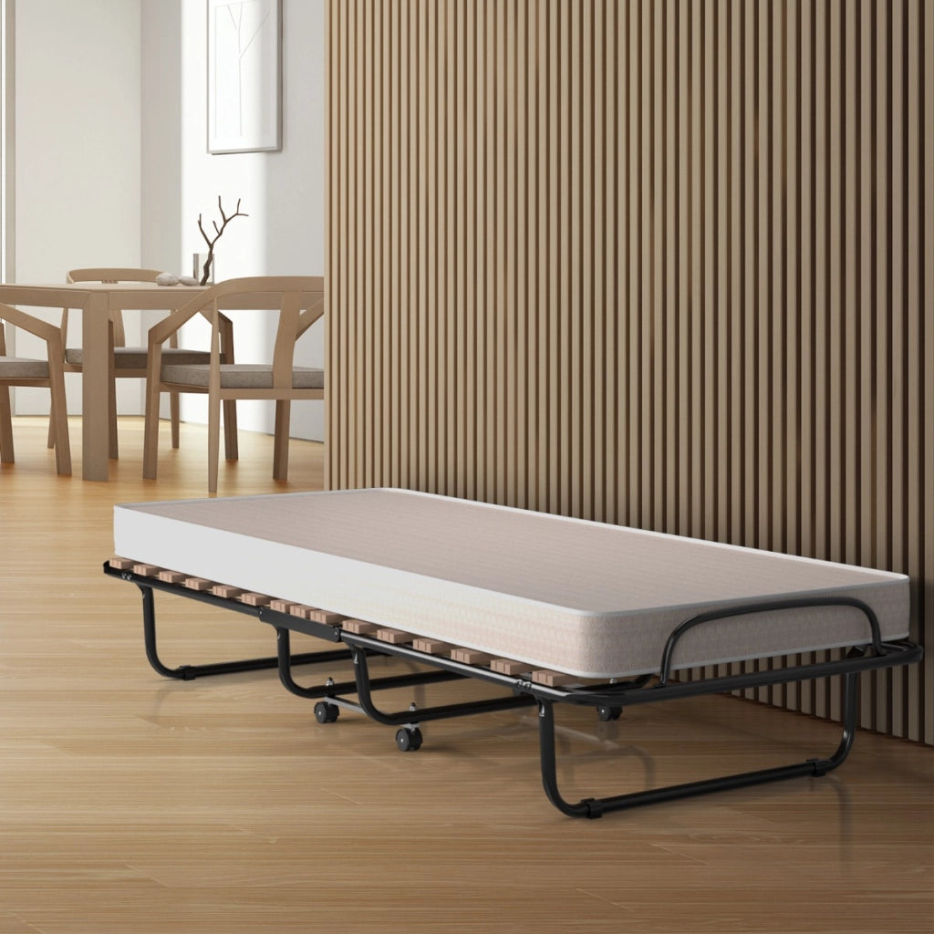 Letto pieghevole con materasso in memory foam spesso, Letto portatile con 4 ruote girevoli 190x80x33cm Beige-Letti e strutture
