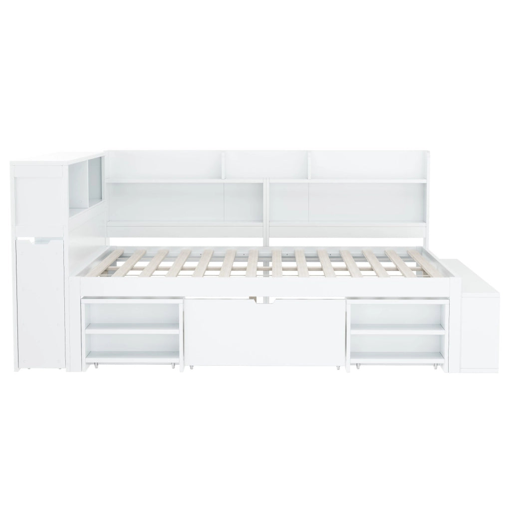 Letto singolo multifunzionale 140x200 cm con contenitori e rete a doghe; in legno multistrato bianco