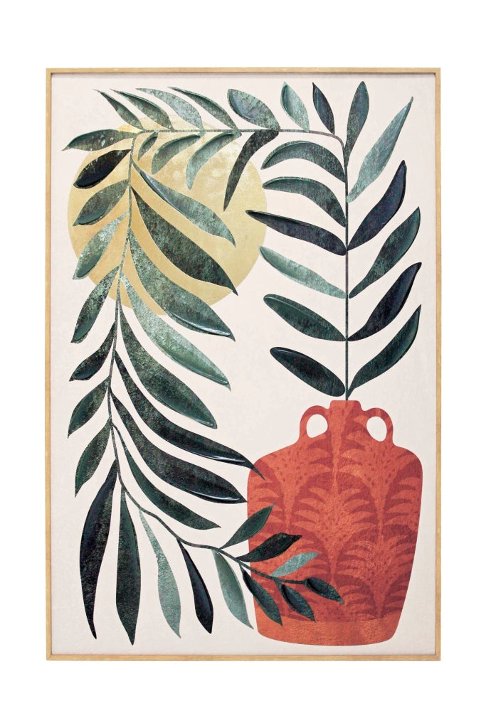 Quadro Hispanohogar in poliestere foglie e brocca verde terracotta e dorato 91x61cm