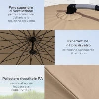 Ombrellone da Giardino Decentrato 2.7m Apertura a Manovella e 16 Stecche in Fibra di Vetro, Cachi
