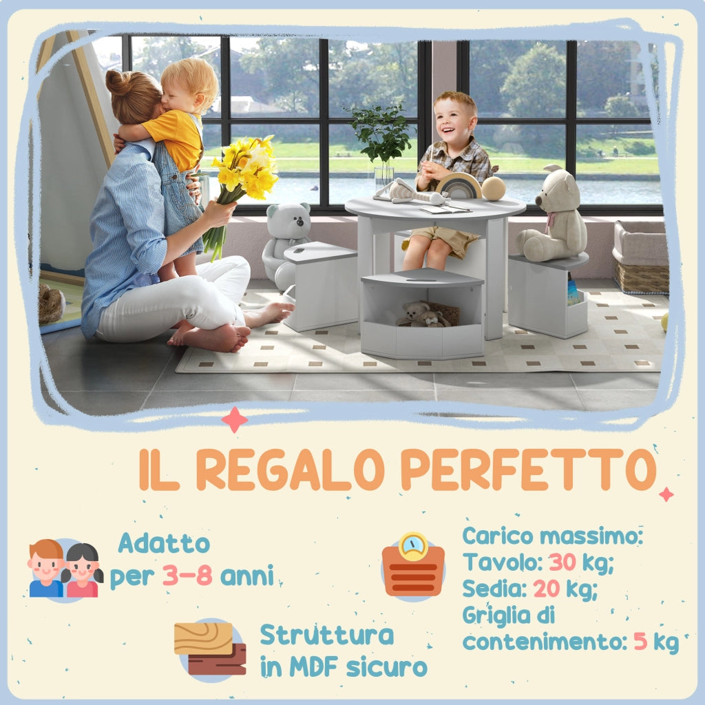 Tavolo Bambini con 4 Sgabelli Salvaspazio ¨C zephmum ¨C Legno, Grigio