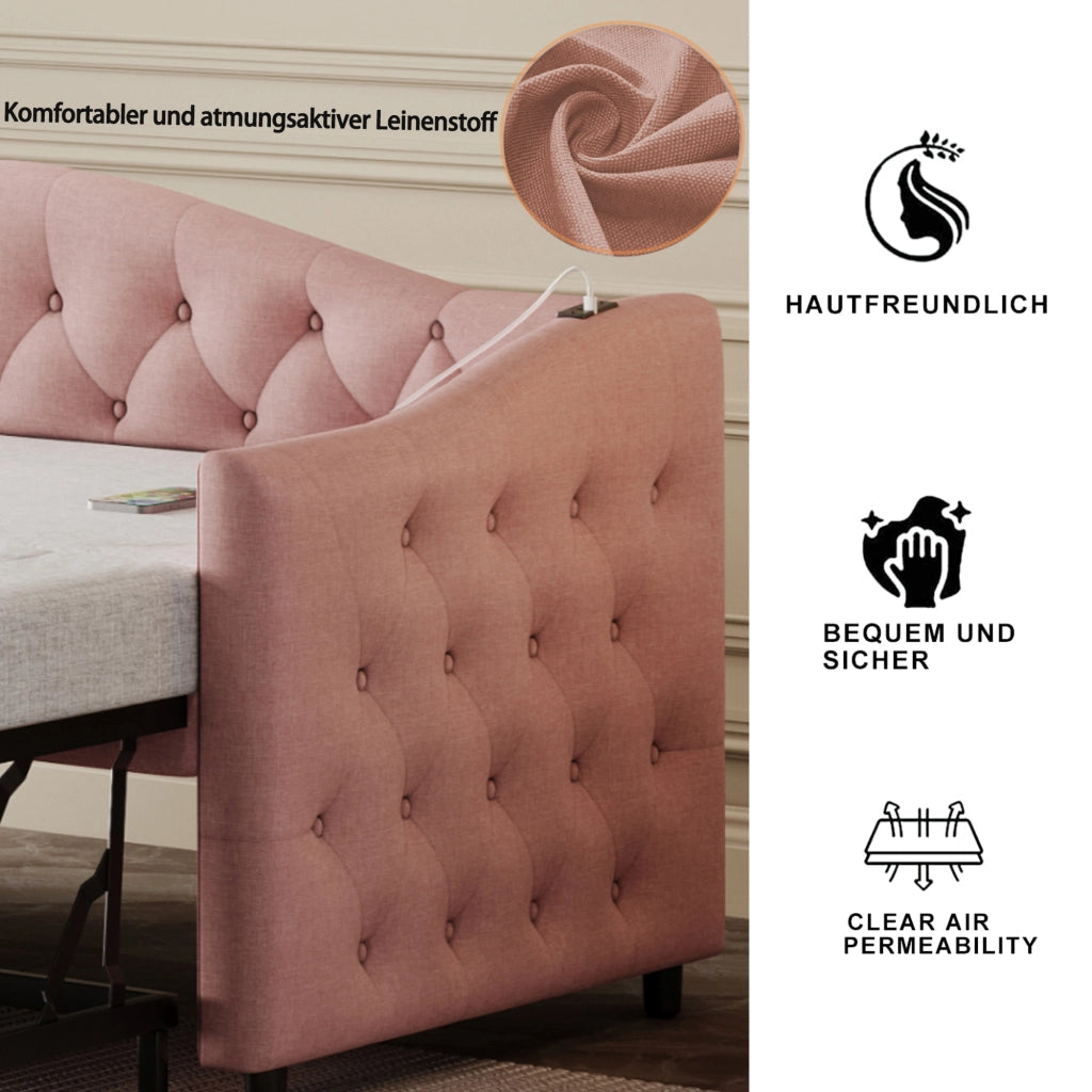 Letto divano estraibile 90 × 200 cm con USB et posto letto aggiuntivo, senza materasso, in tessuto, rosa