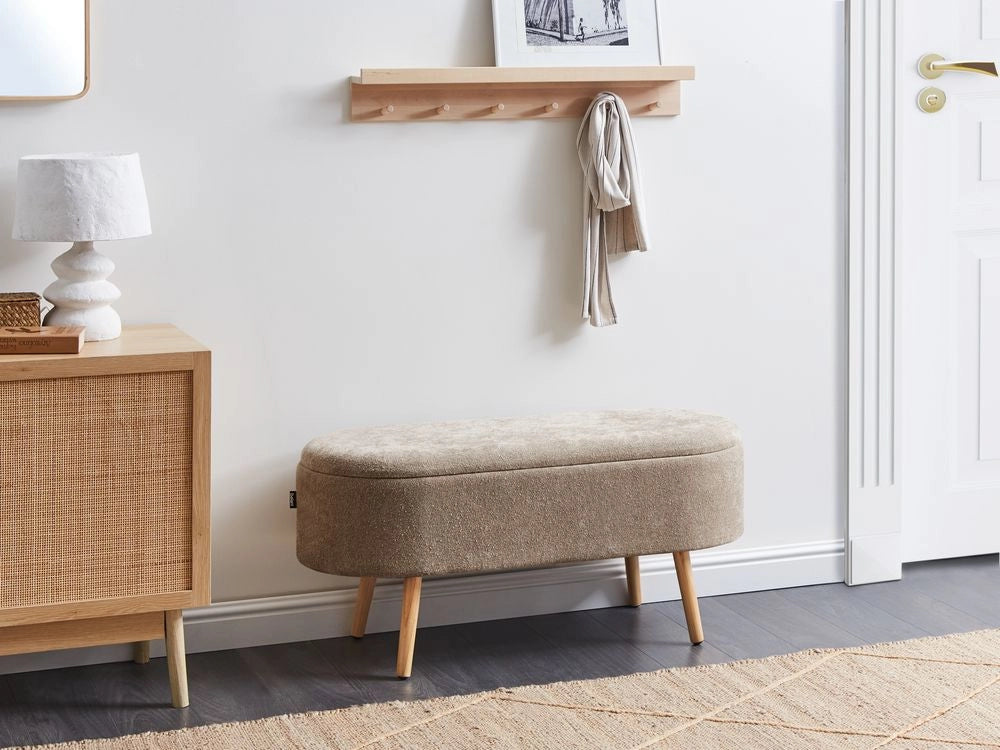 Panca in tessuto cinigliato marrone chiaro con gambe in legno di pino e contenitore per camera da letto, soggiorno e accessori