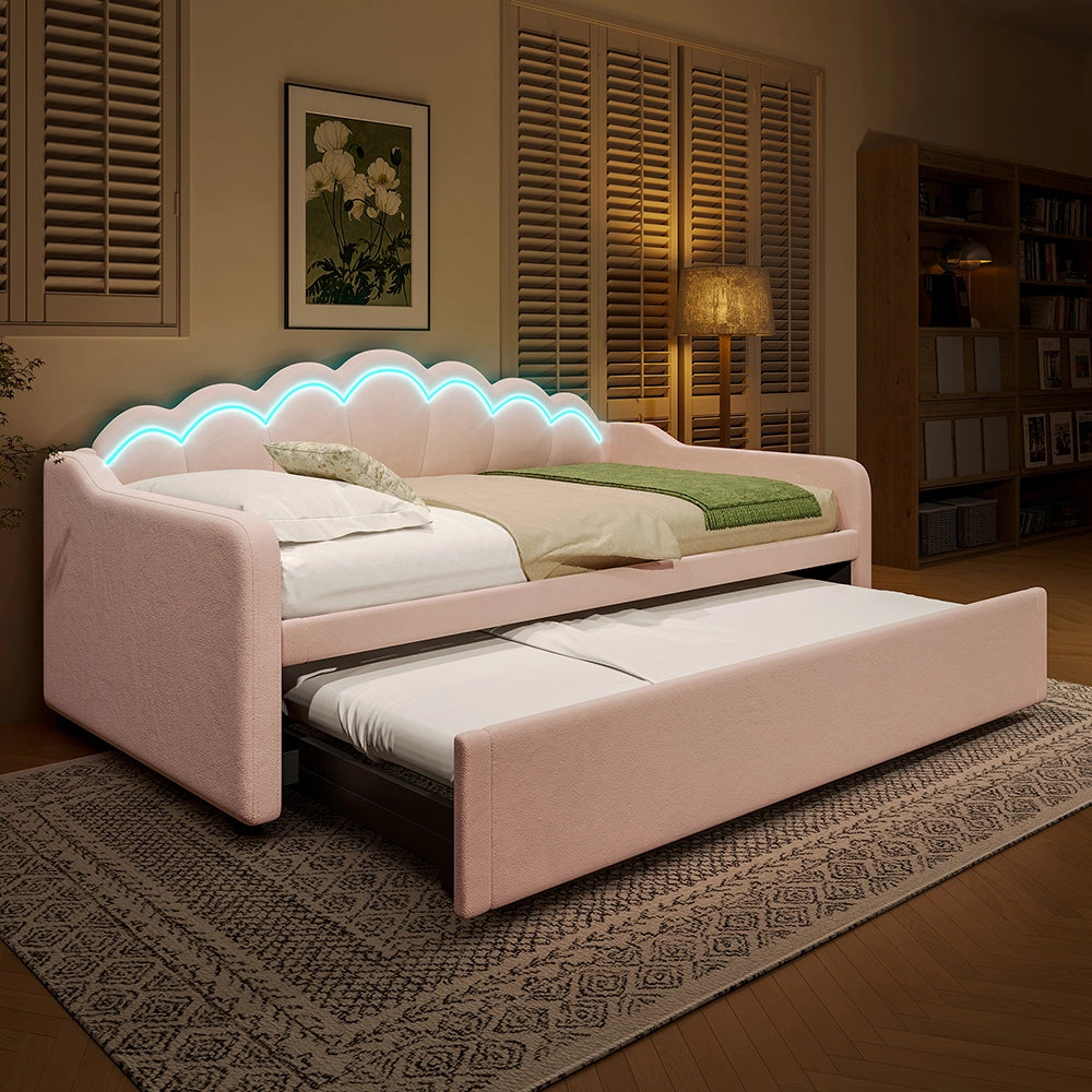 Letto giorno estraibile 90/180x200cm - Xylo - rosa, LED RGB, velluto