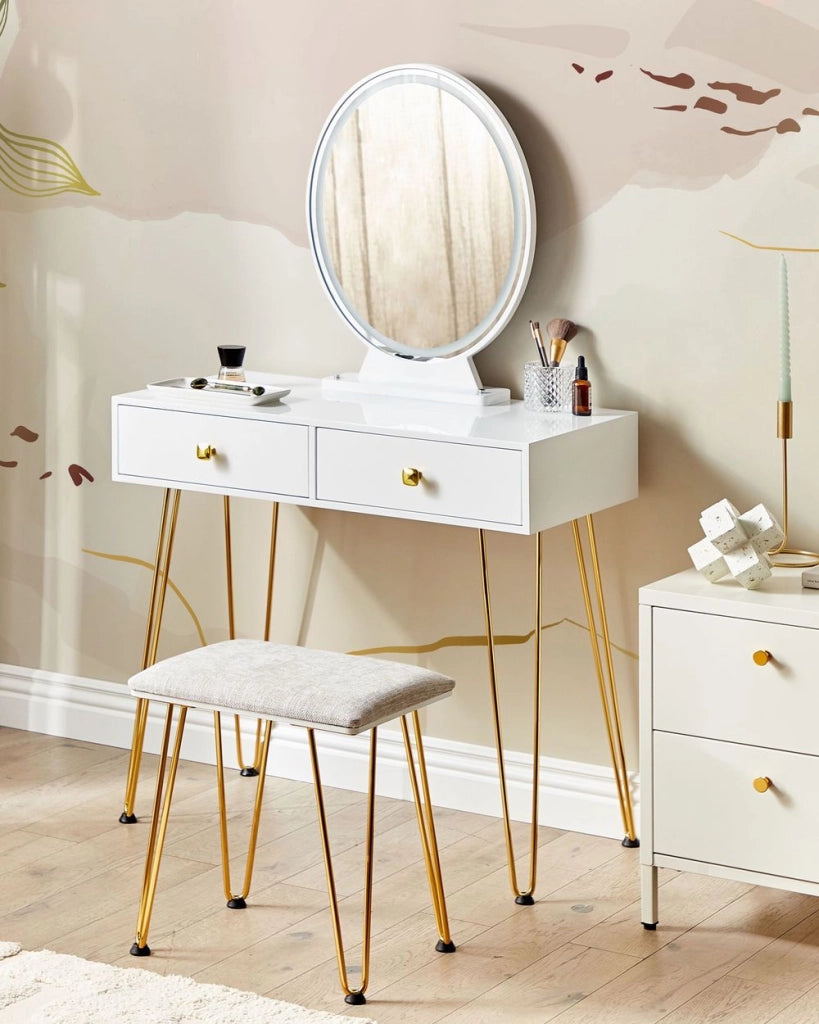 Toeletta con 2 cassetti specchio LED bianco e oro e sgabello camera da letto elegante