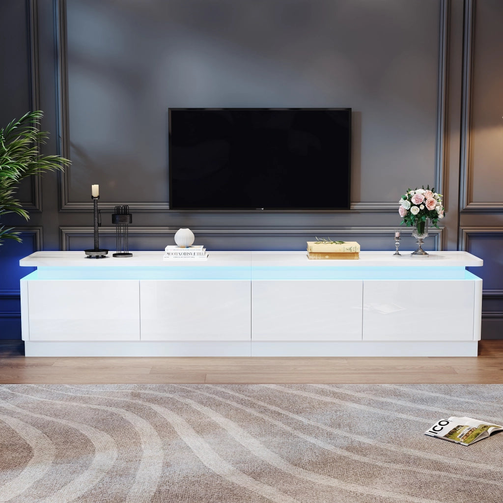Mobile porta TV con LED, 4 cassetti e finitura lucida, per soggiorno, in truciolato bianco, 180 × 34 × 40 cm