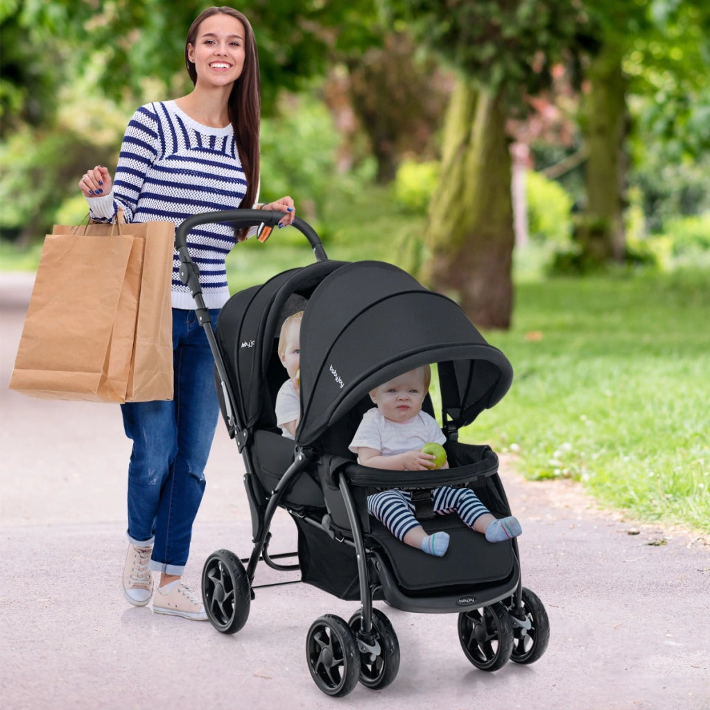 Passeggino doppio pieghevole per bambini con seduta in tandem e tettuccio, Passeggino portatile per bambini Nero-Passeggini per bimbi