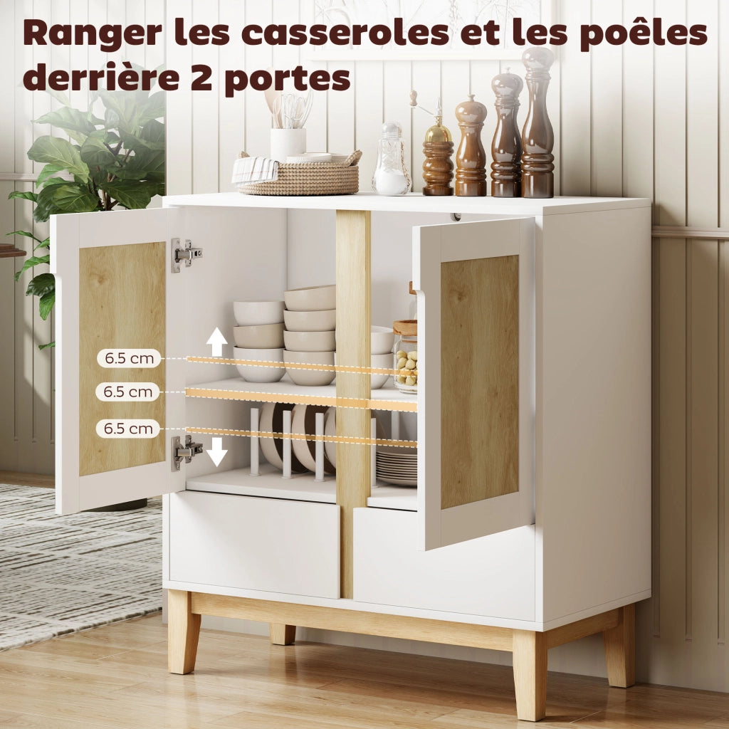 Credenza con 2 ante, 2 cassetti e ripiano regolabile ¨C zephmum ¨C 80x40x86 bianco e rovere