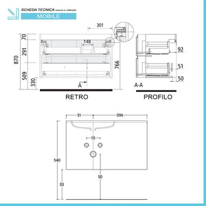 Mobile bagno sospeso 90 cm Melody bianco opaco con vasca a sinistra