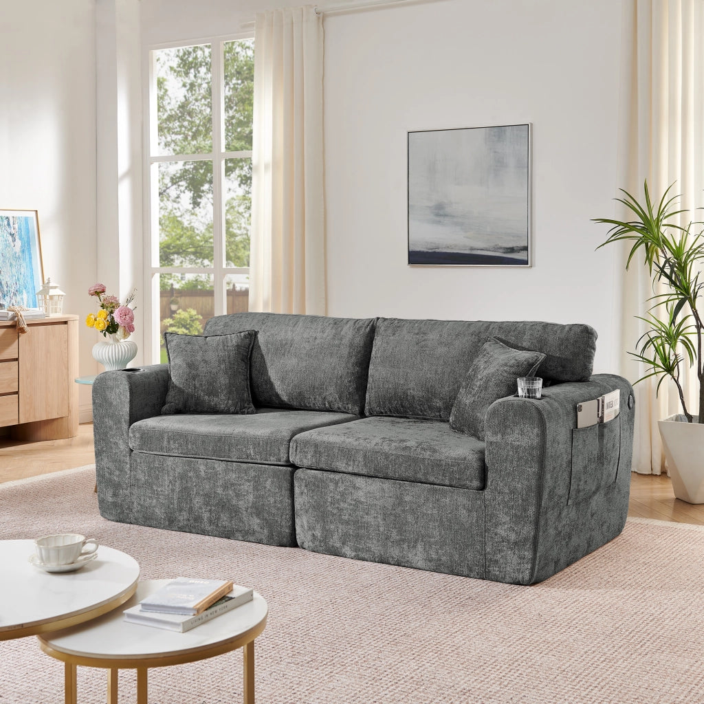 Divano relax 2 posti compatto con tasca laterale portabicchieri e cuscini in chenille grigio per piccoli spazi