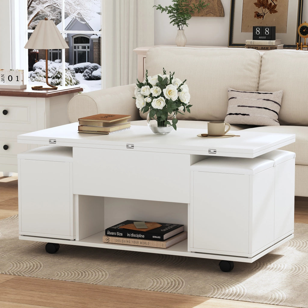 Tavolino da salotto 100x100x63.5 cm; piano regolabile con 4 sgabelli; truciolare bianco