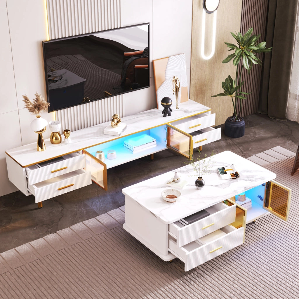 Set mobile TV e tavolino con LED; vetro temperato e motivo marmo bianco