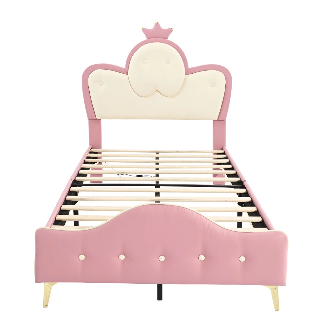 Letto singolo imbottito per bambini con LED 90x200 cm in PU rosa e bianco