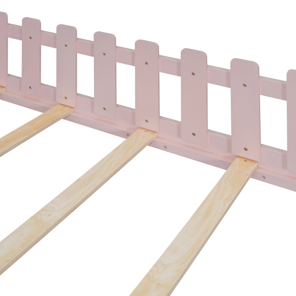Letto Casetta 140×200 cm; Letto Singolo 2 Posti con Sponda; senza Materasso; in Pino e MDF; Rosa