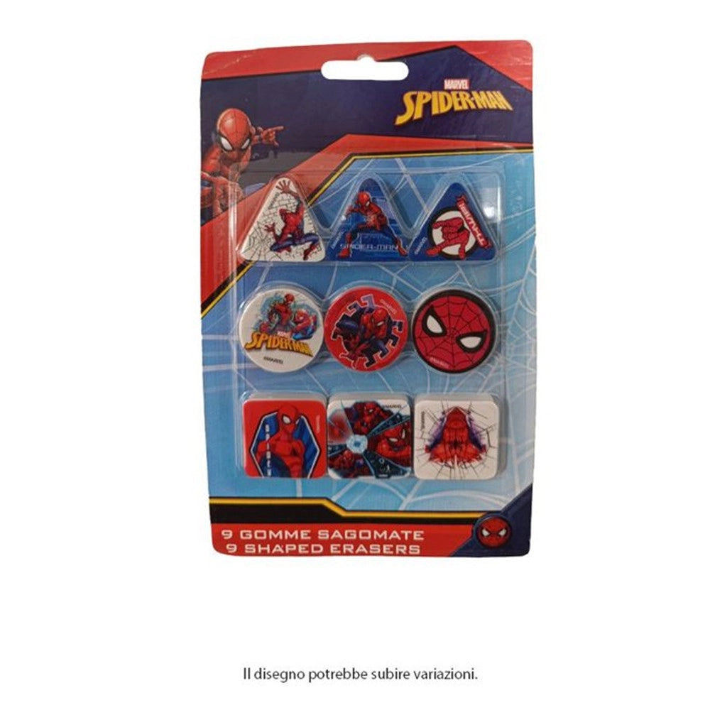 Trade Shop - Kit Gomme Per Cancellare 9pz Sagomate Tema Spiderman Cancelleria Per Bambini Scuola 955326 -