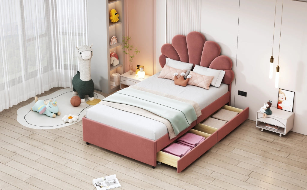 DESMIU Letto per Bambini 90 × 200 cm 1 Posto con 2 Cassetti e Testiera Floreale, senza materasso, Rosa