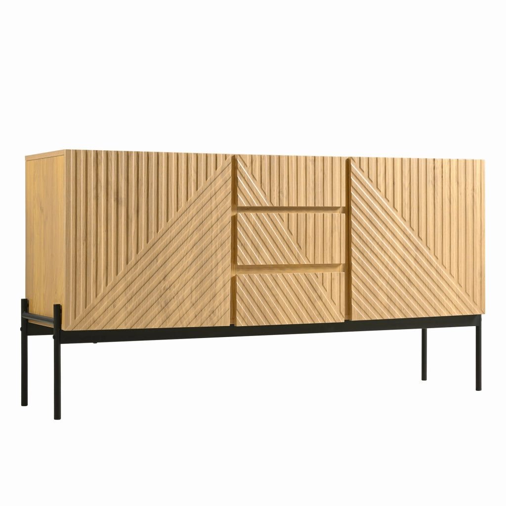 Sideboard moderno con 2 ante e 3 cassetti, struttura in truciolare con gambe in metallo, colore Natural, 140x40x75 cm