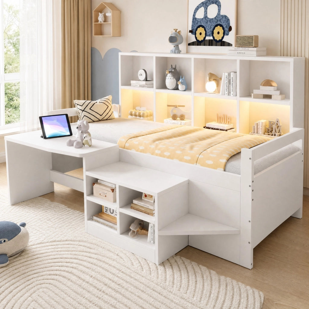 Letto singolo multifunzione 90x200 cm con scrivania; LED e vani contenitore; bianco