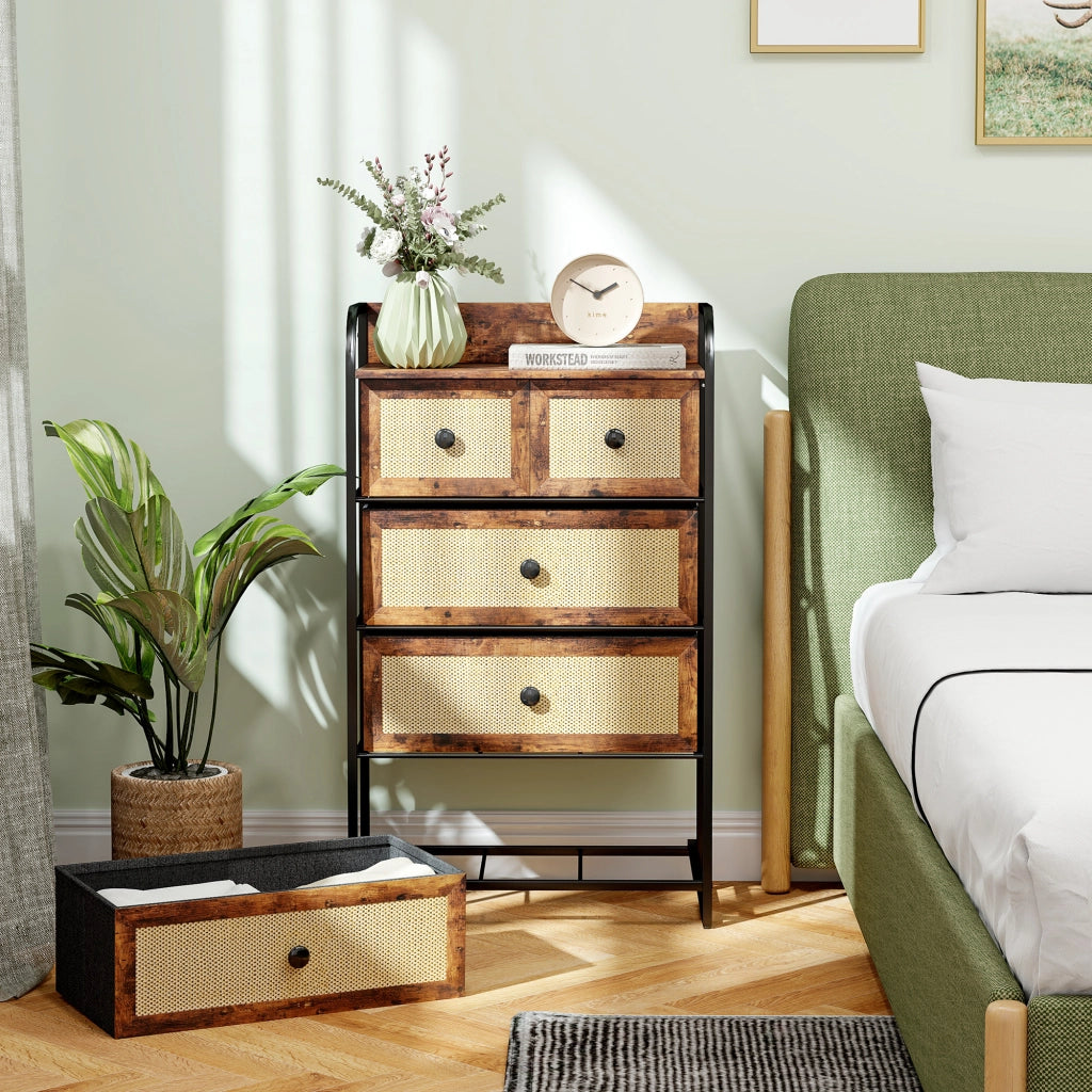Comodino con 5 cassetti ¨C zephmum ¨C marrone, effetto rattan, acciaio, 58x29x99 cm