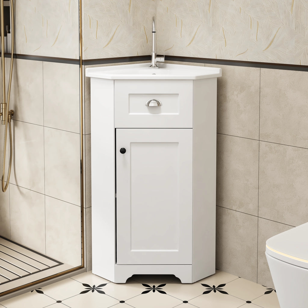 Mobile sottolavabo da bagno a terra con lavabo in ceramica, corpo in MDF, bianco, 59 × 42,5 × 90,5 cm