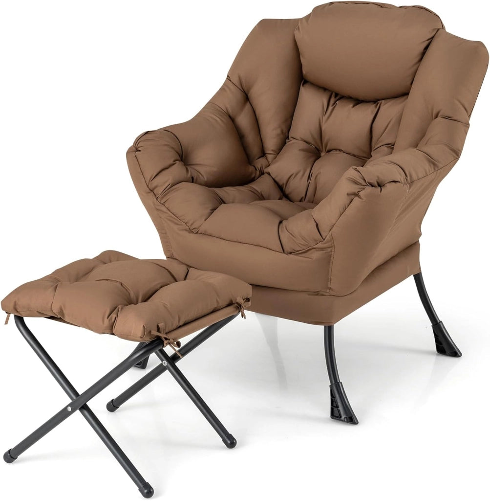 Poltrona Relax, Poltrona da Lettura con Cuscino, Elegante con Schienale e Seduta Imbottiti, Braccioli e Tasca di Stoccaggio, Portata 150 kg (Con Pouf, Marrone)