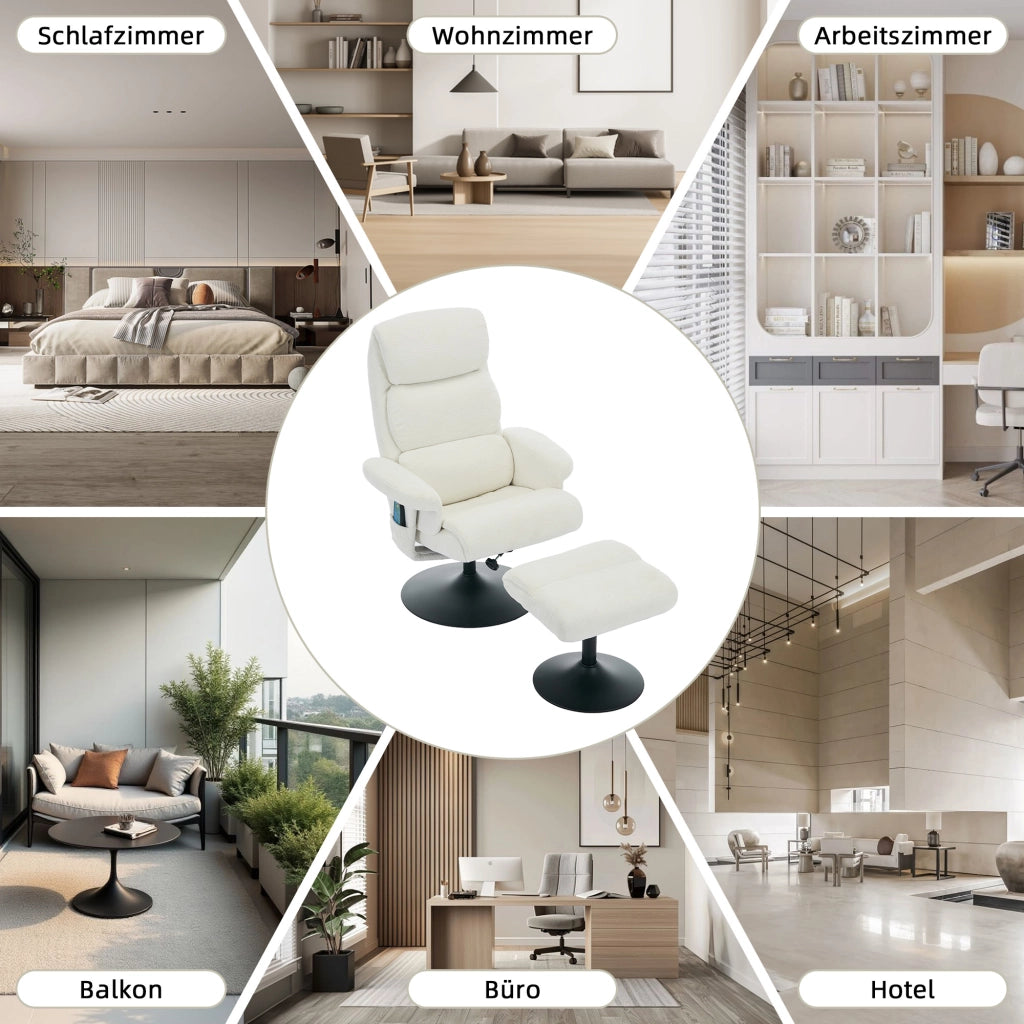 POLTRONA Relax con massaggio a 5 punti, riscaldamento, girevole 360°, 77x75,5x100 cm, bianca